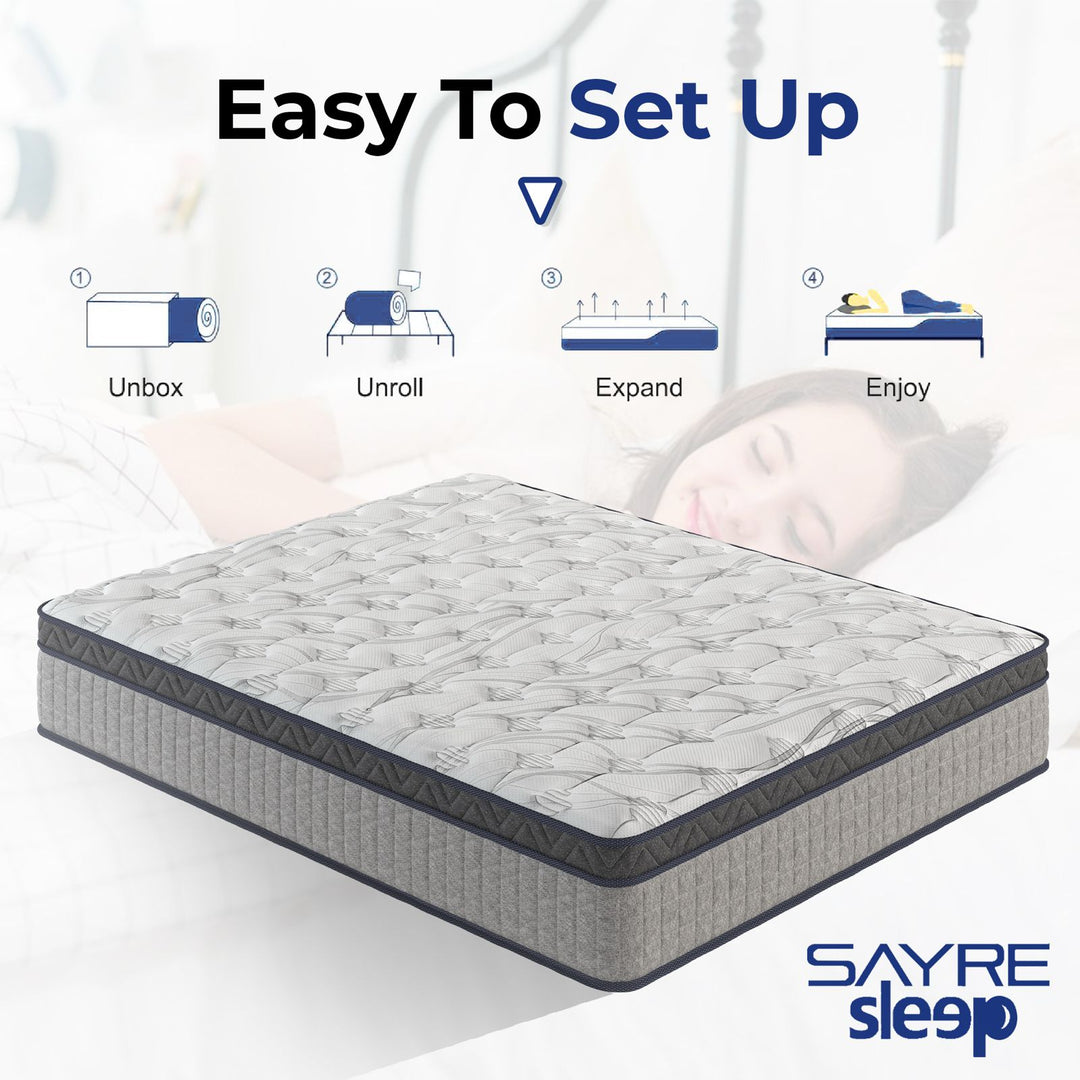 SayreSleep Hybrid Mattress 10” & 12” – Cooling Gel Memory Foam + Coils, Medium-Firm, CertiPUR-US, 100-Night Trial