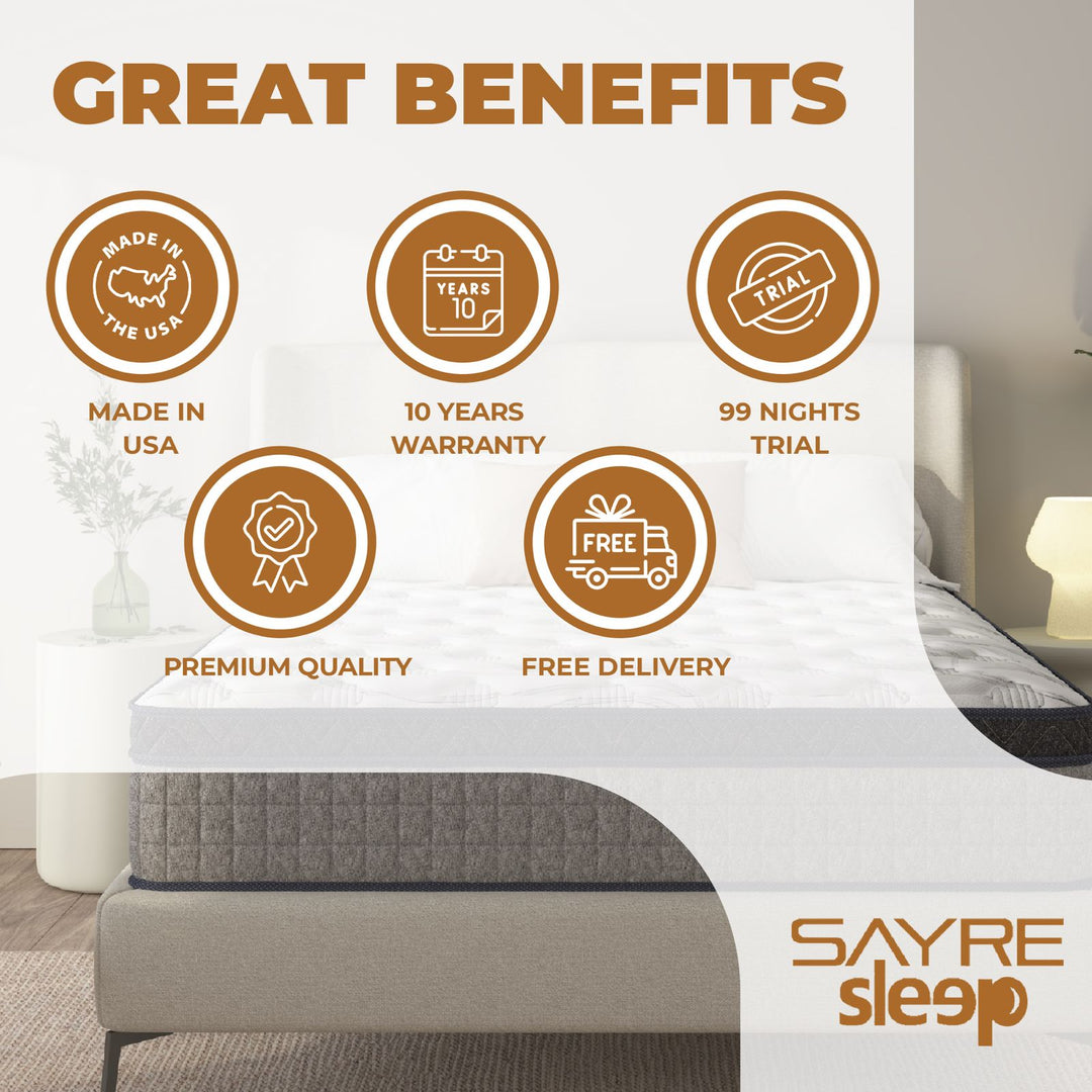 SayreSleep Hybrid Mattress 10” & 12” – Cooling Gel Memory Foam + Coils, Medium-Firm, CertiPUR-US, 100-Night Trial